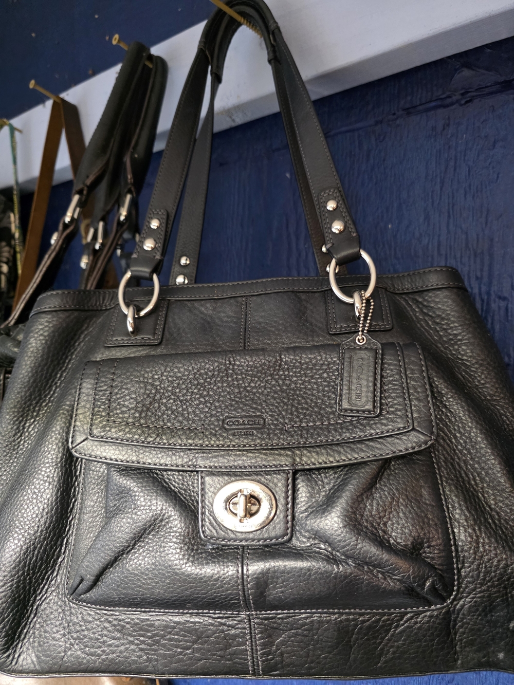 Coach Black Pebbled Leather Shoulder Tote with Turnlock Pocket